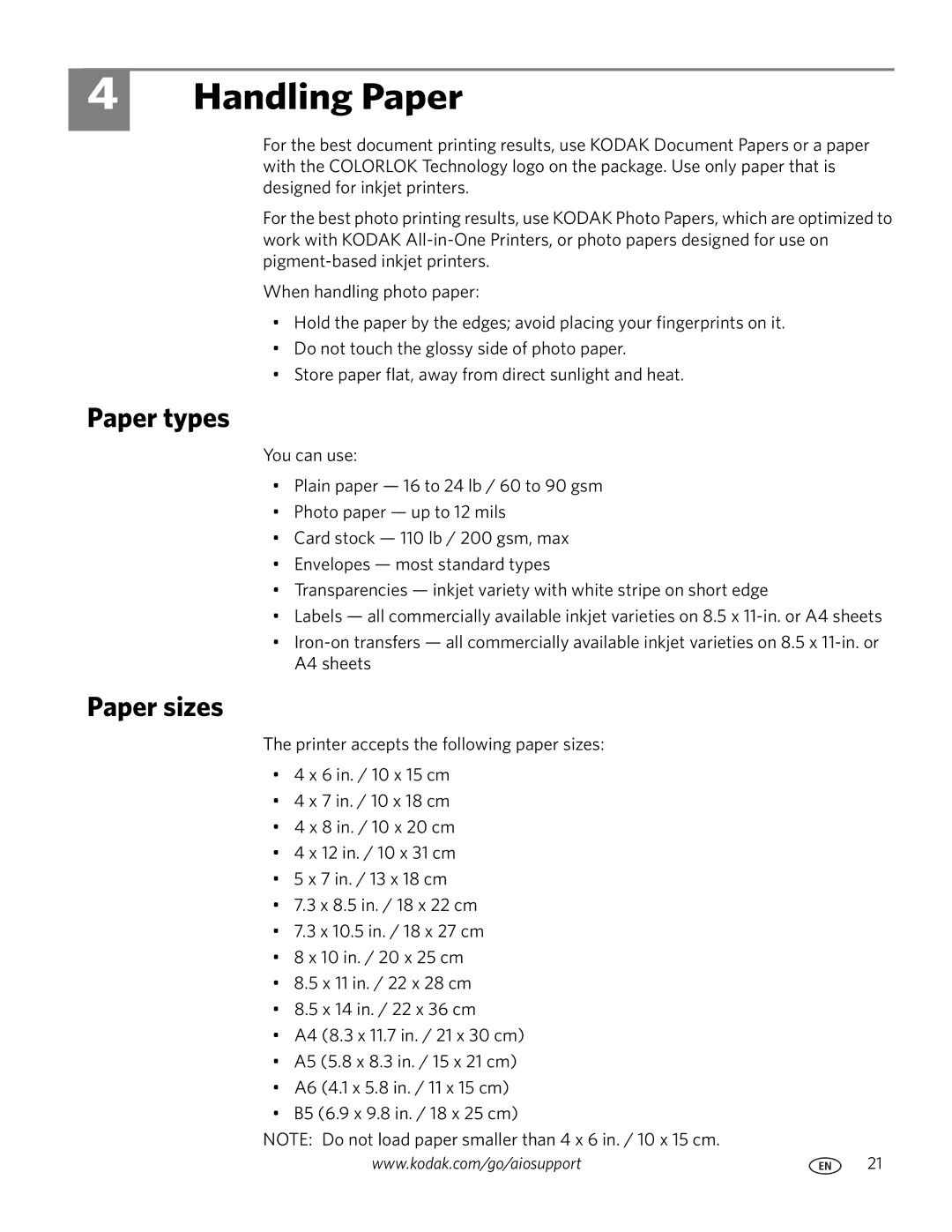 Kodak 3.1 manual Handling Paper, Paper types, Paper sizes 