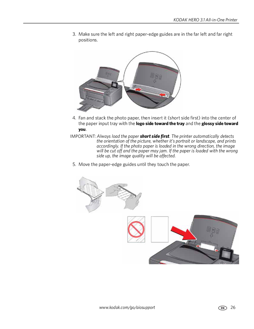 Kodak 3.1 manual Move the paper-edge guides until they touch the paper 