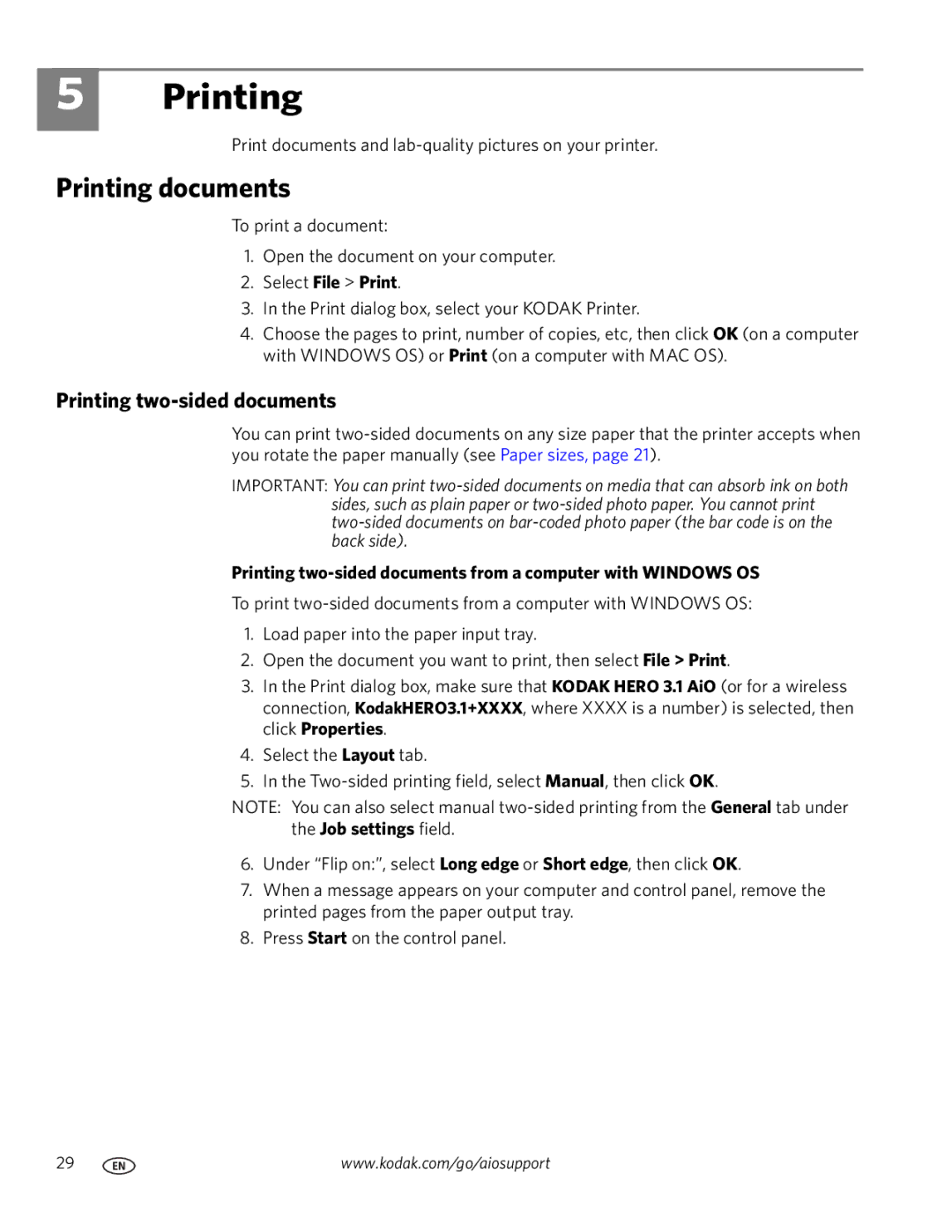 Kodak 3.1 manual Printing documents, Printing two-sided documents 