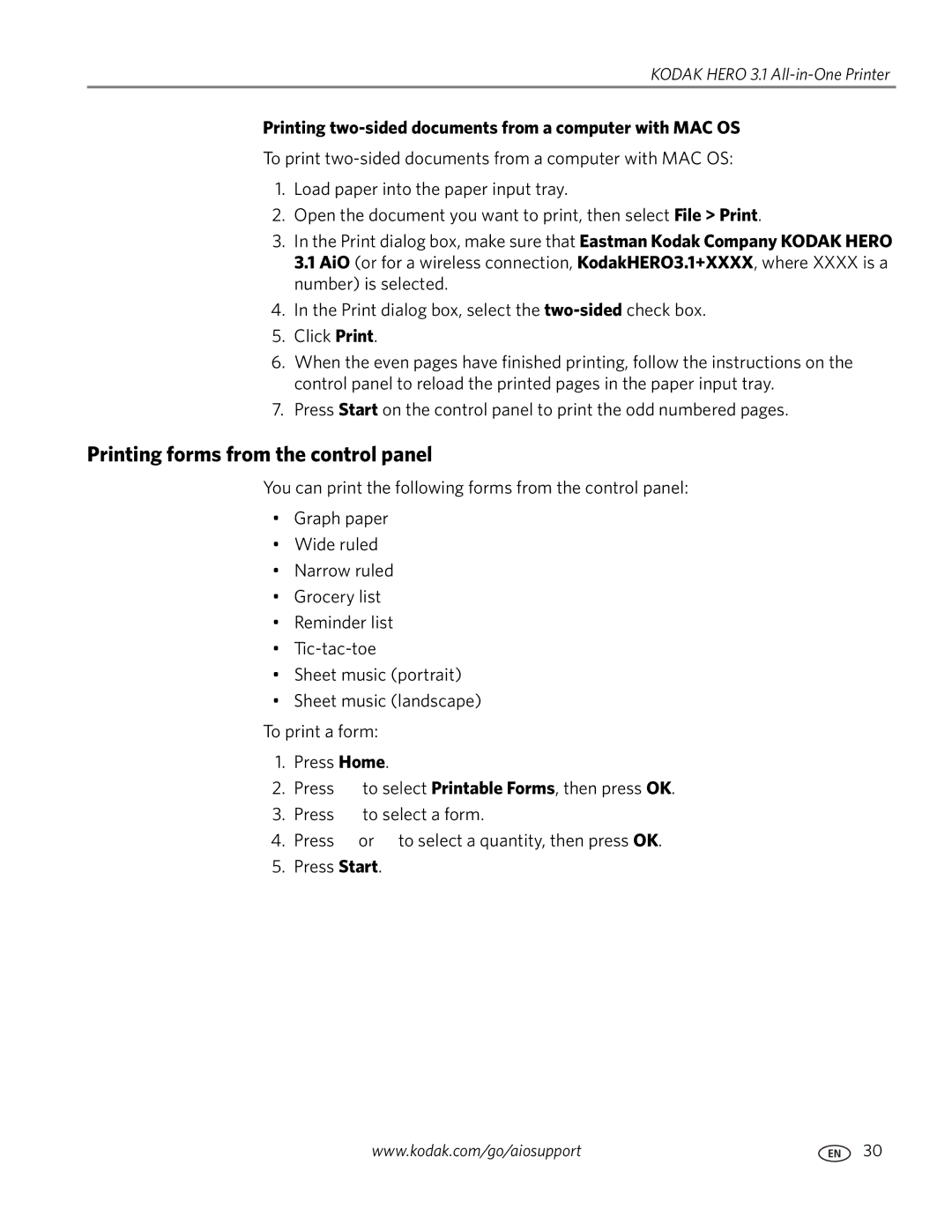 Kodak 3.1 manual Printing forms from the control panel, Printing two-sided documents from a computer with MAC OS 