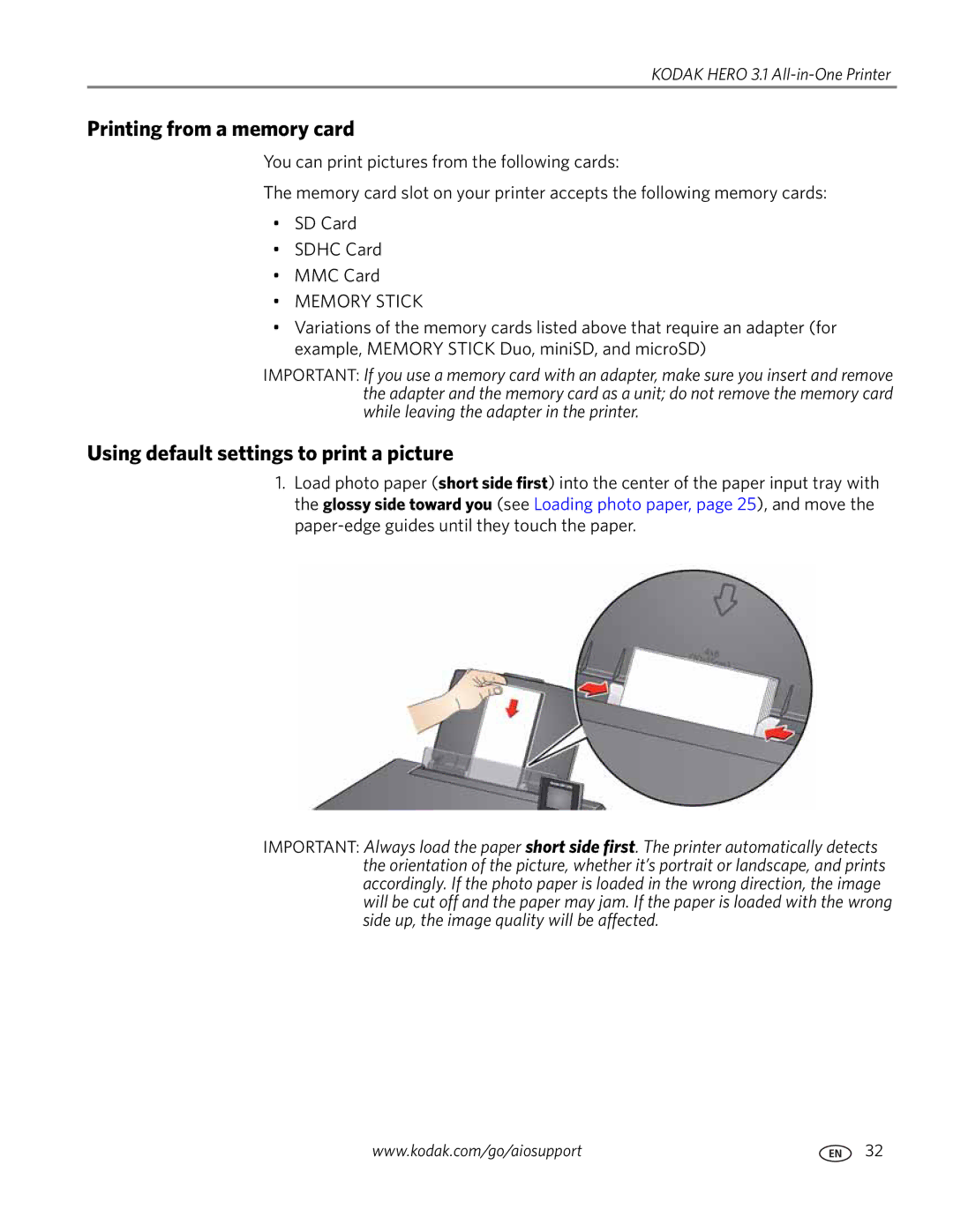 Kodak 3.1 manual Printing from a memory card, Using default settings to print a picture 