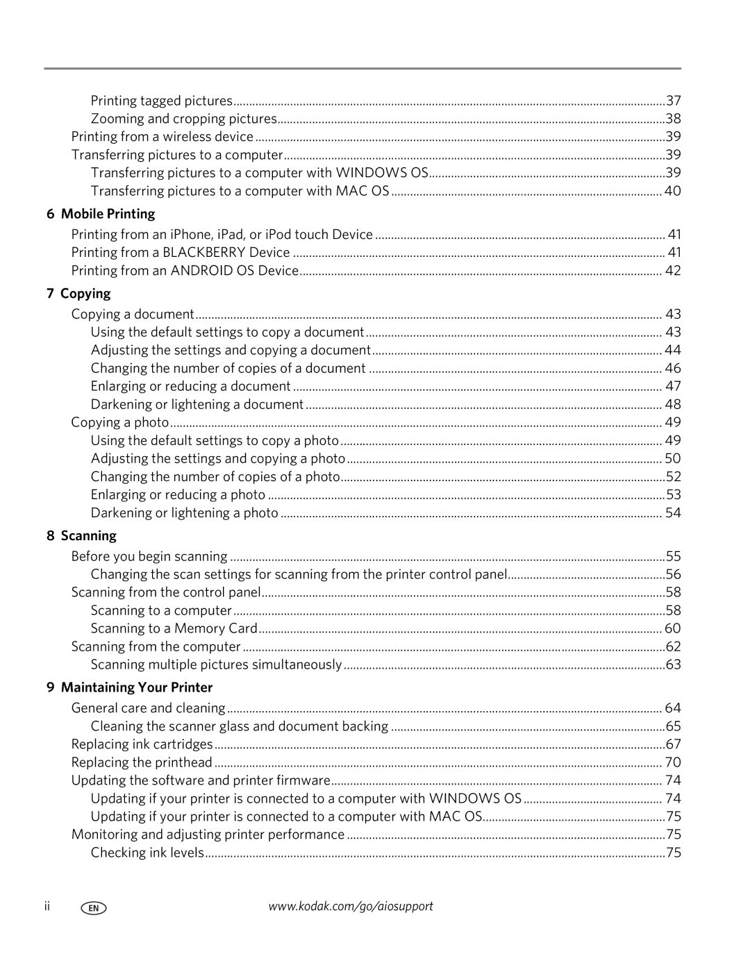 Kodak 3.1 manual Mobile Printing, Copying, Scanning, Maintaining Your Printer 