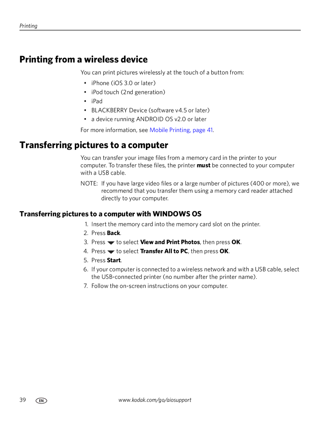 Kodak 3.1 manual Printing from a wireless device, Transferring pictures to a computer 