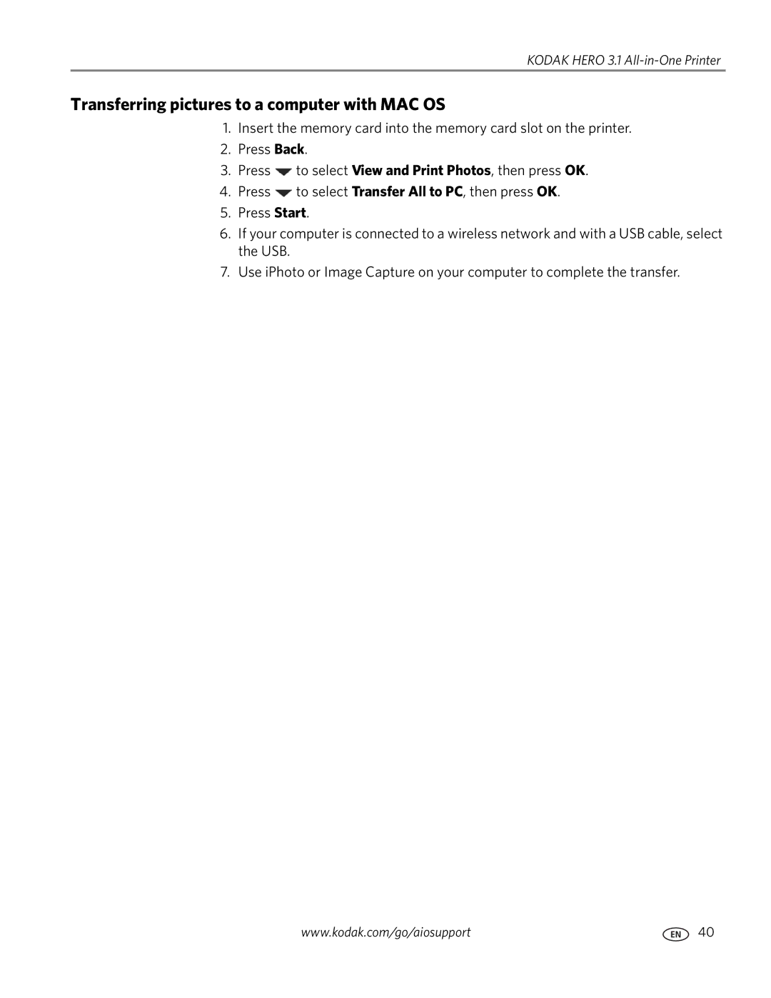 Kodak 3.1 manual Transferring pictures to a computer with MAC OS 