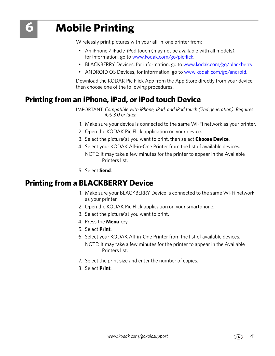 Kodak 3.1 manual Mobile Printing, Printing from an iPhone, iPad, or iPod touch Device, Printing from a Blackberry Device 