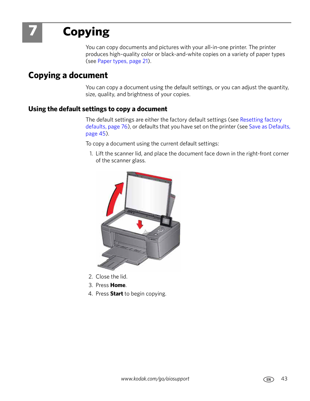 Kodak 3.1 manual Copying a document, Using the default settings to copy a document 