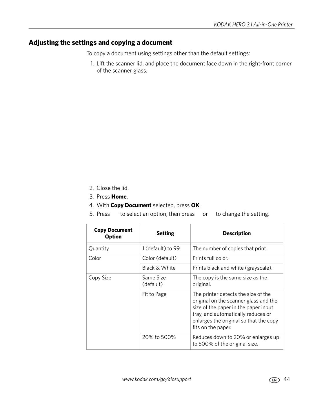 Kodak 3.1 manual Adjusting the settings and copying a document, Copy Document Setting Description 