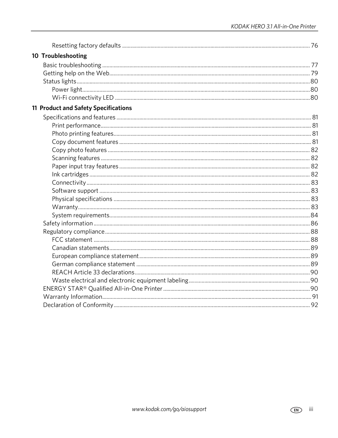 Kodak 3.1 manual Troubleshooting, Product and Safety Specifications 