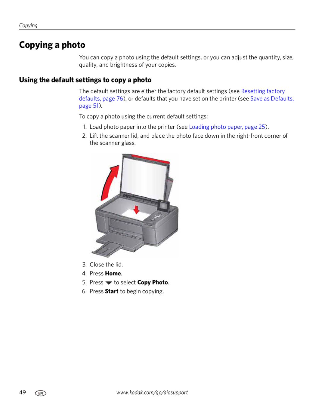 Kodak 3.1 manual Copying a photo, Using the default settings to copy a photo 