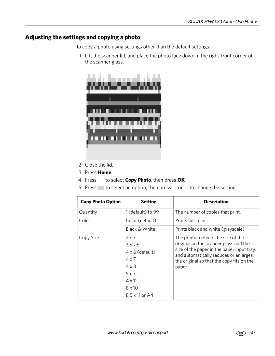 Kodak 3.1 manual Adjusting the settings and copying a photo, Copy Photo Option Setting Description 