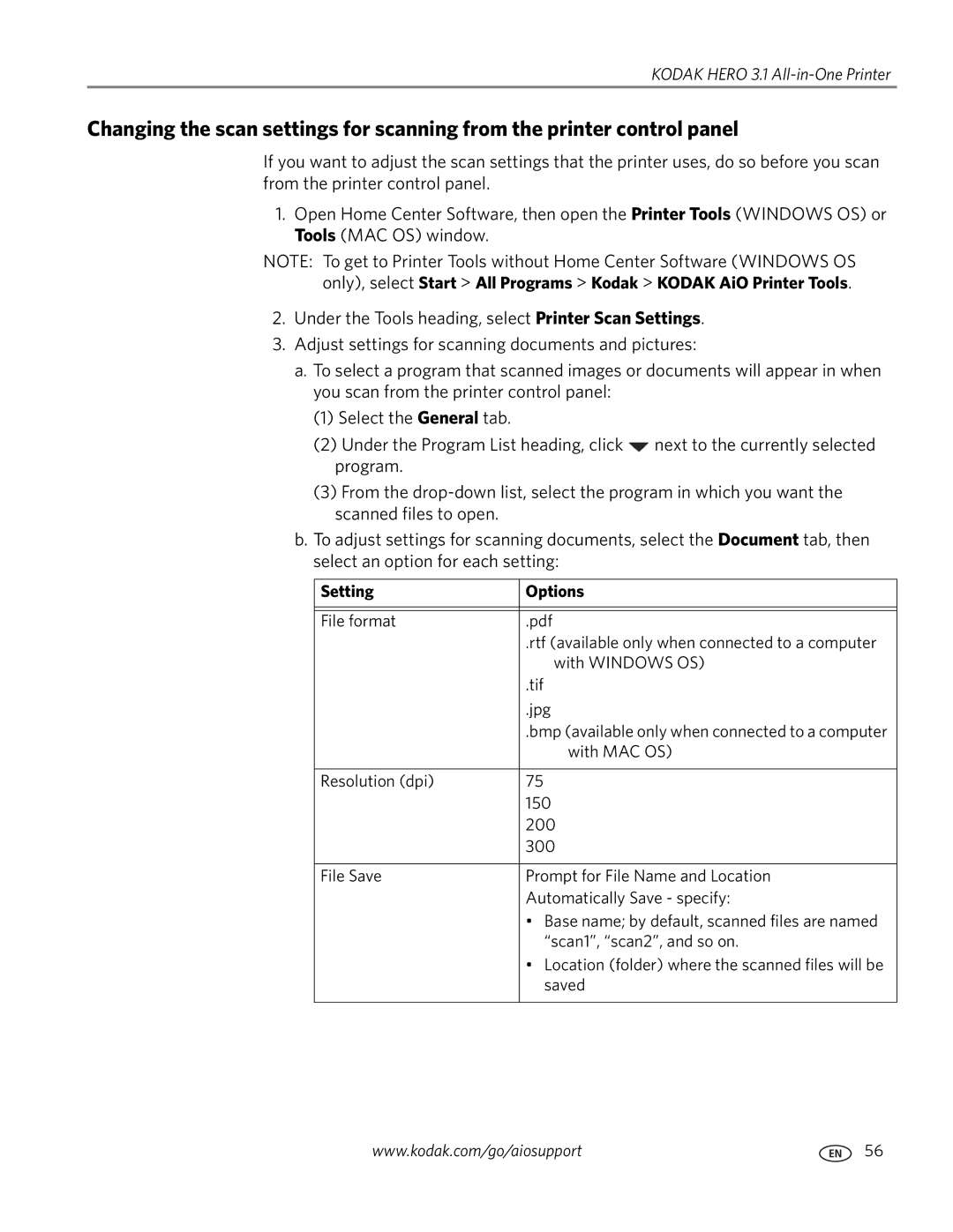 Kodak 3.1 manual Setting Options 