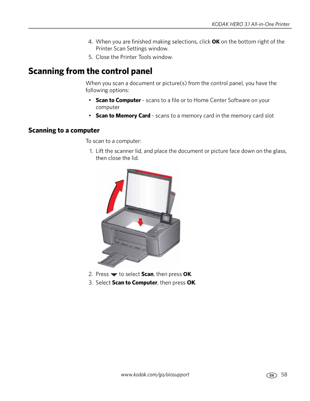 Kodak 3.1 manual Scanning from the control panel, Scanning to a computer 