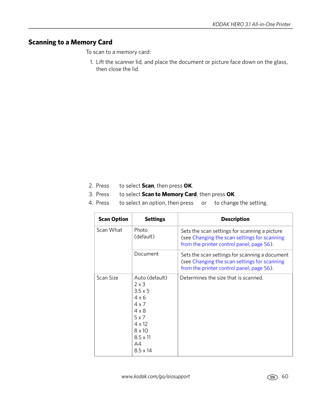 Kodak 3.1 manual Scanning to a Memory Card, Scan Option Settings Description 