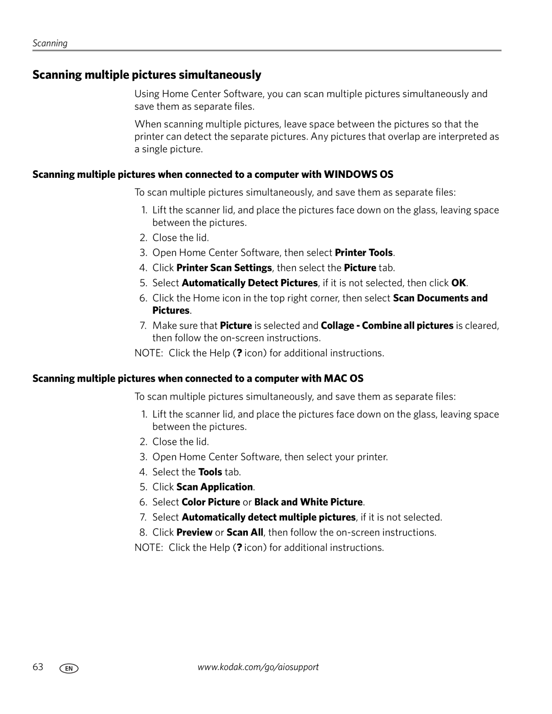 Kodak 3.1 manual Scanning multiple pictures simultaneously, Click Printer Scan Settings, then select the Picture tab 