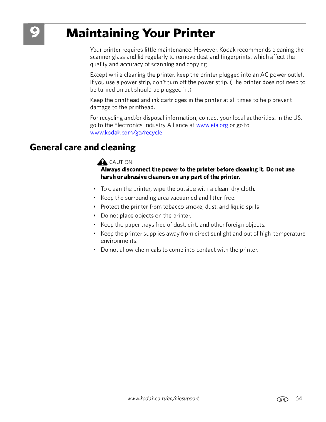 Kodak 3.1 manual Maintaining Your Printer, General care and cleaning 