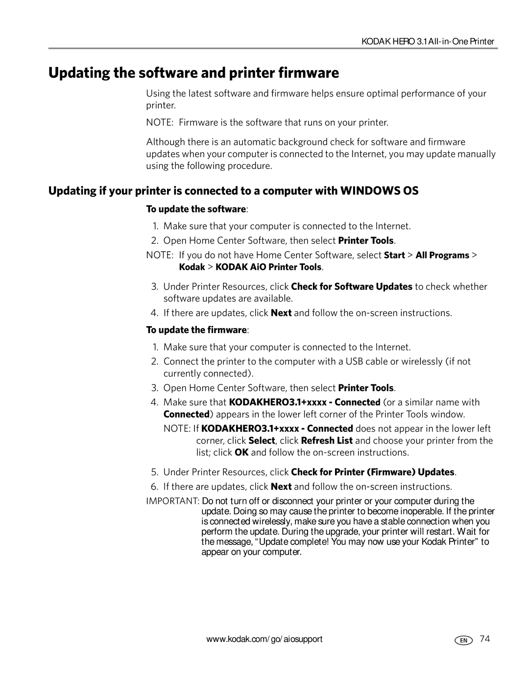 Kodak 3.1 manual Updating the software and printer firmware, To update the software, To update the firmware 