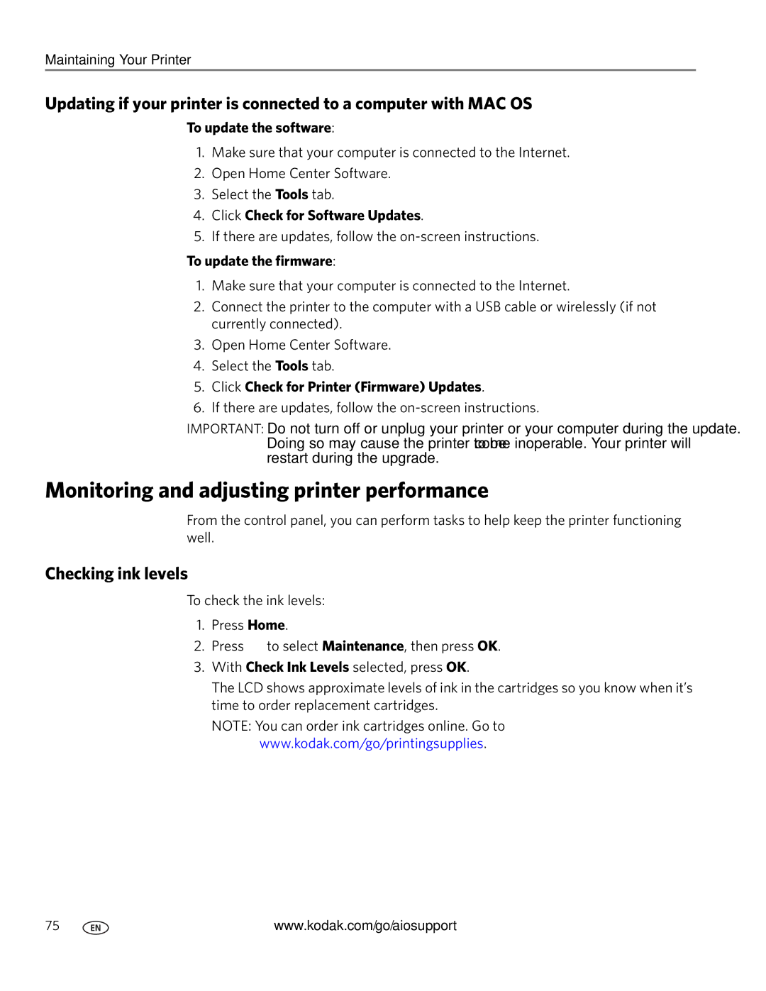 Kodak 3.1 manual Monitoring and adjusting printer performance, Checking ink levels, Click Check for Software Updates 