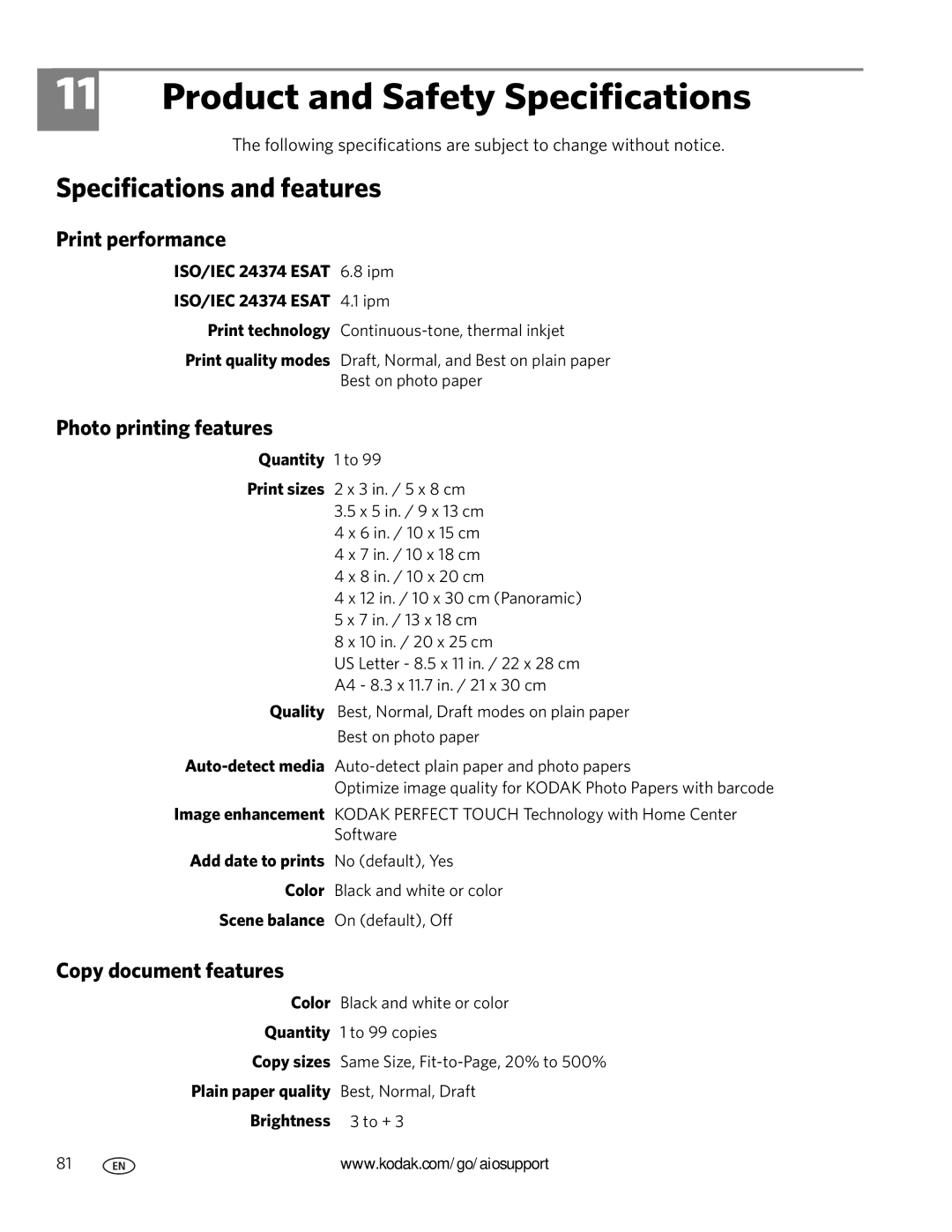 Kodak 3.1 manual Product and Safety Specifications, Specifications and features, Print performance, Photo printing features 