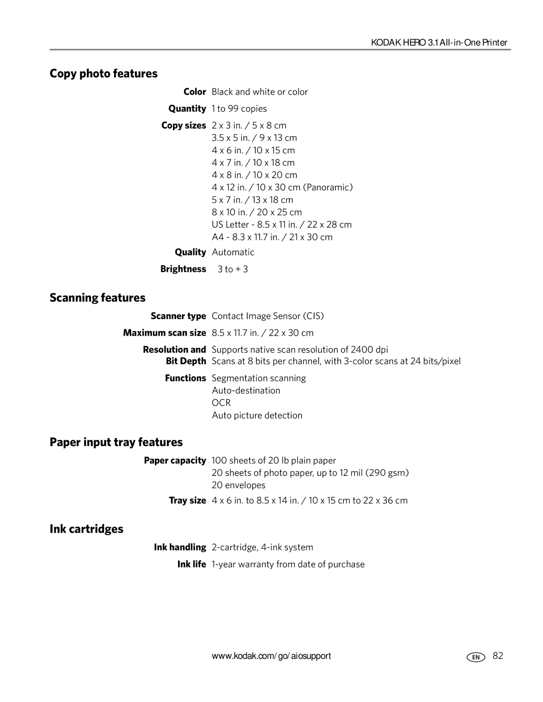 Kodak 3.1 manual Copy photo features, Scanning features, Paper input tray features, Ink cartridges 