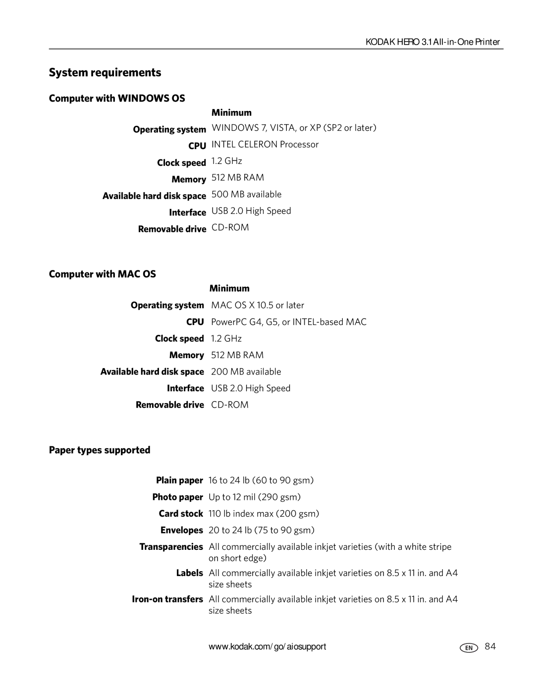 Kodak 3.1 manual System requirements, Computer with Windows OS, Computer with MAC OS, Paper types supported 