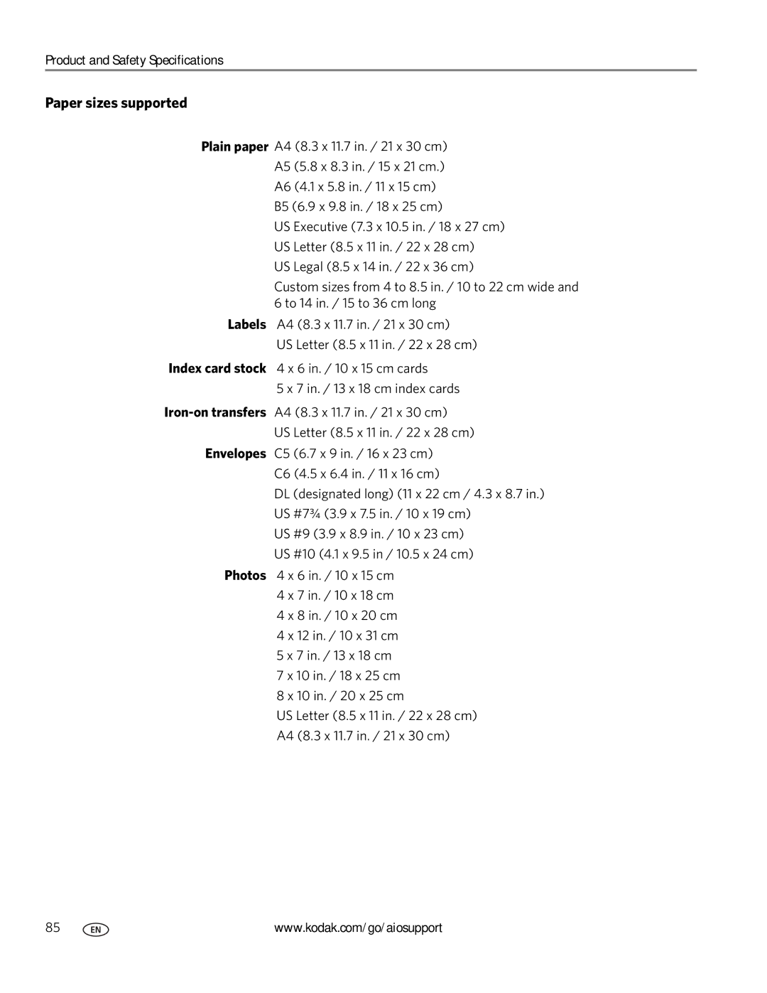 Kodak 3.1 manual Paper sizes supported 