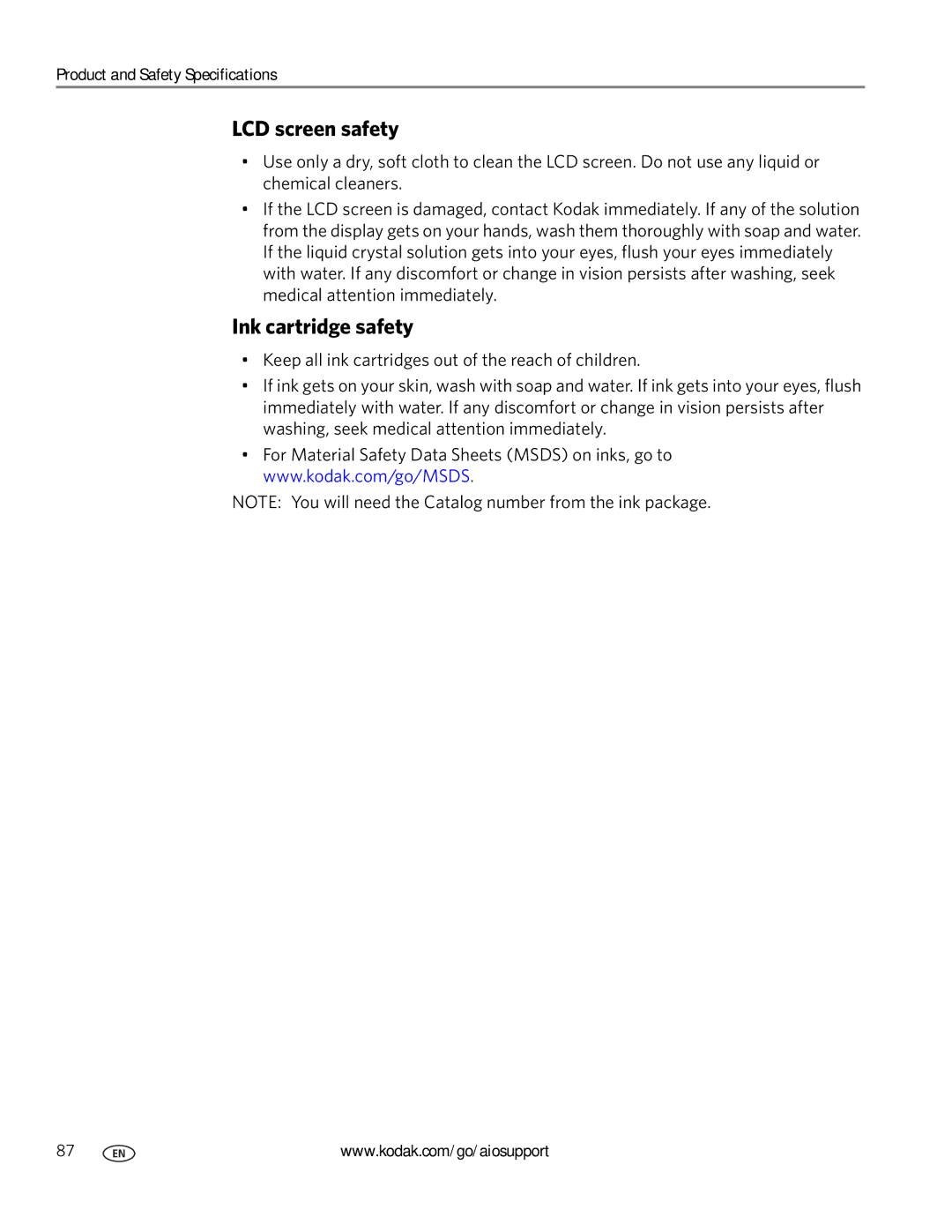 Kodak 3.1 manual LCD screen safety, Ink cartridge safety 