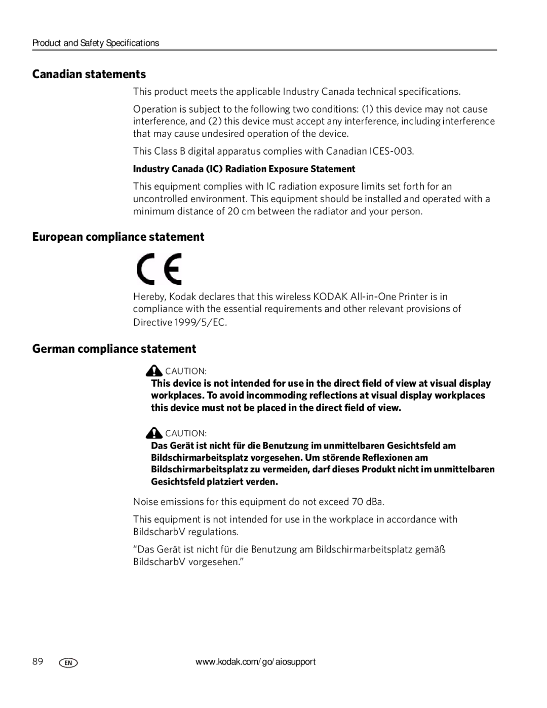 Kodak 3.1 manual Canadian statements, European compliance statement, German compliance statement 