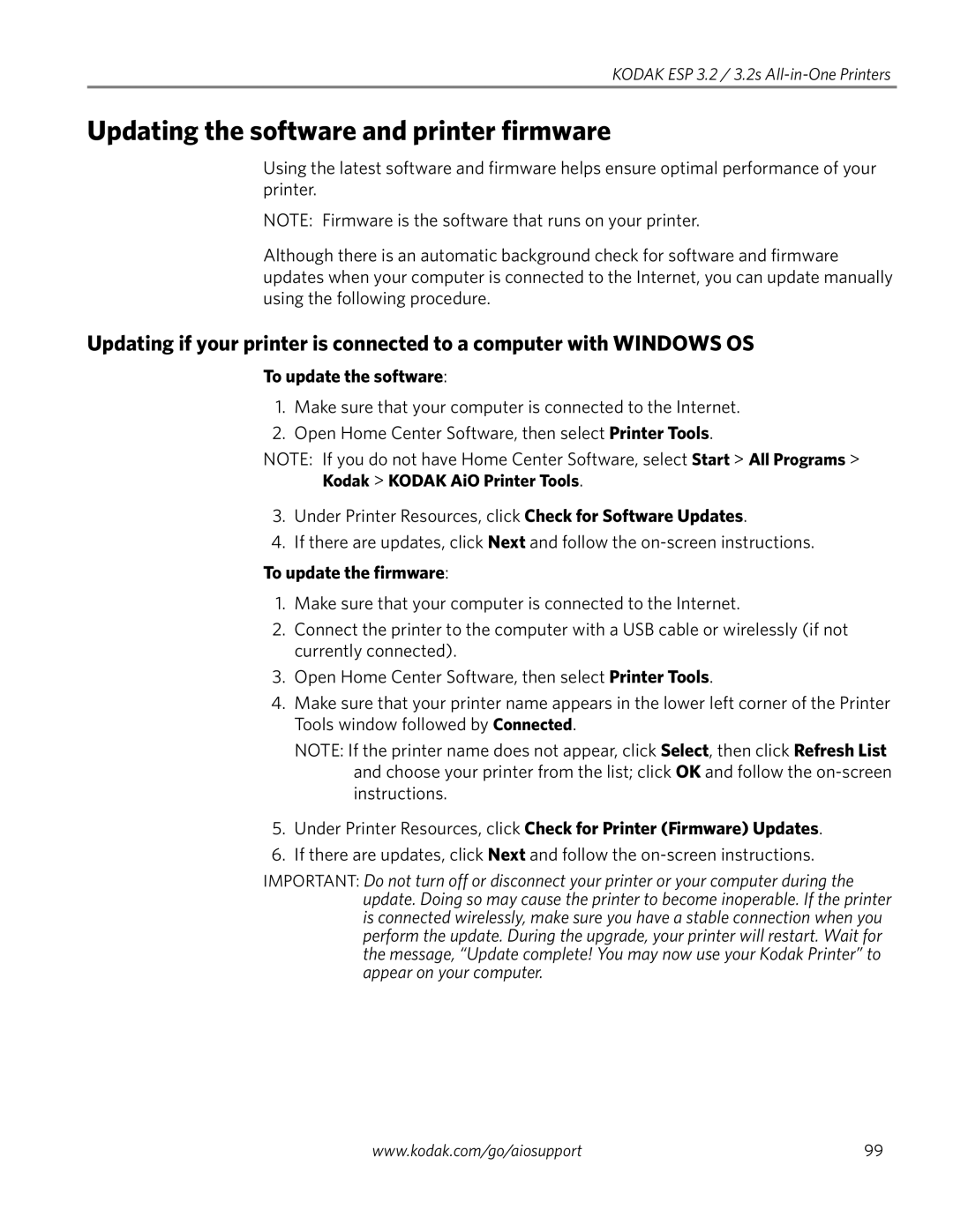 Kodak 3.2S manual Updating the software and printer firmware, To update the software, To update the firmware 