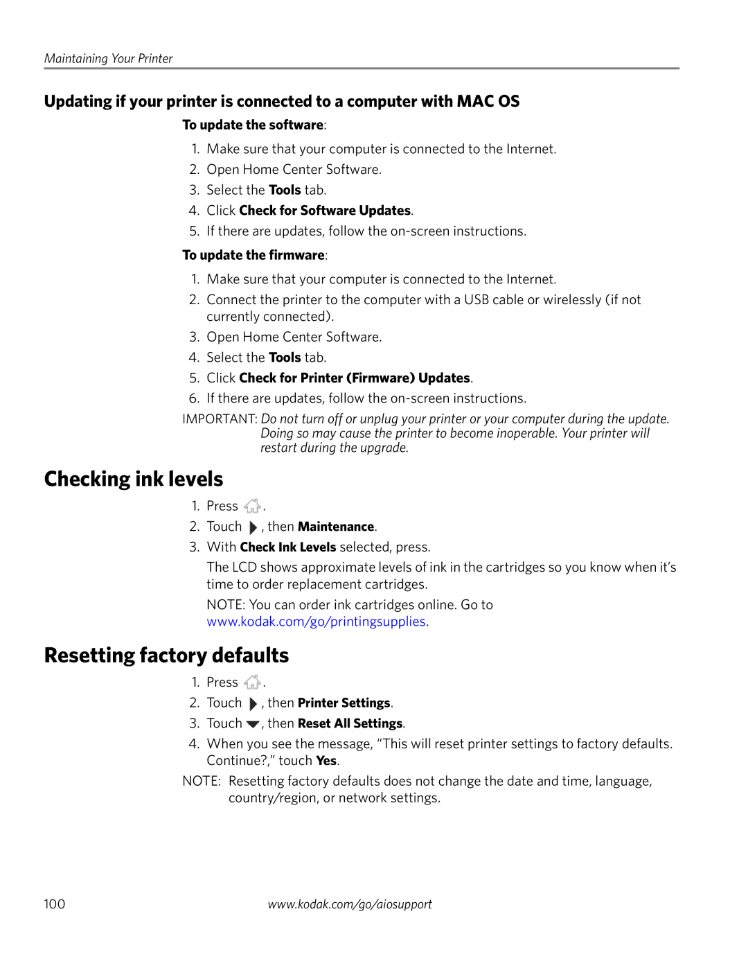 Kodak 3.2S manual Checking ink levels, Resetting factory defaults, Click Check for Software Updates 