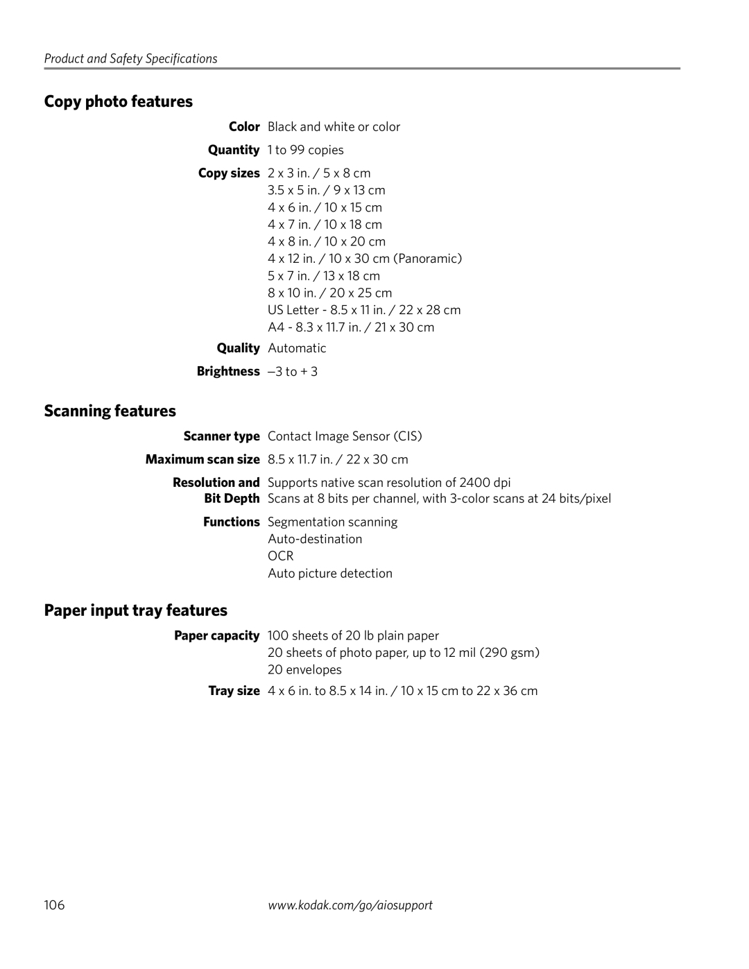 Kodak 3.2S manual Copy photo features, Scanning features, Paper input tray features 