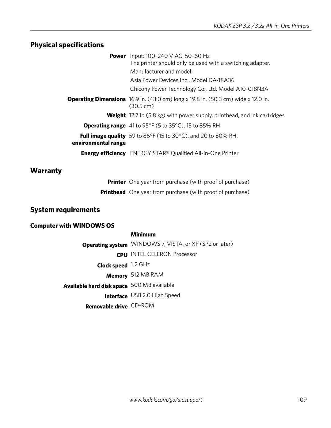 Kodak 3.2S manual Physical specifications, Warranty, System requirements, Computer with Windows OS 