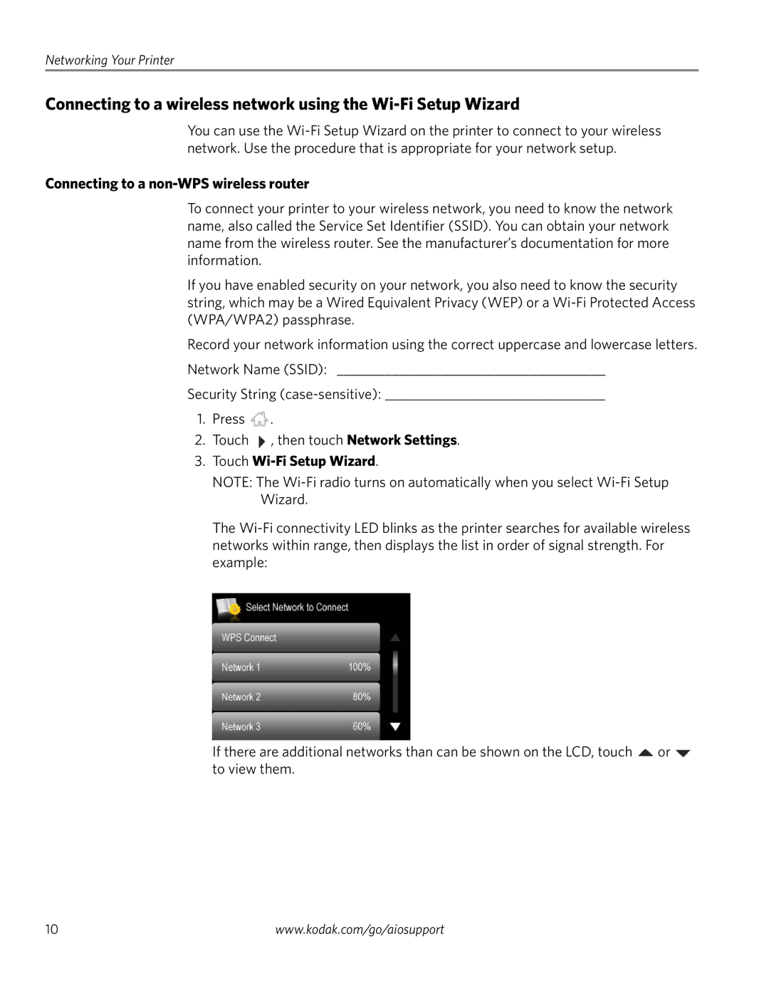 Kodak 3.2S manual Connecting to a non-WPS wireless router, Touch Wi-Fi Setup Wizard 