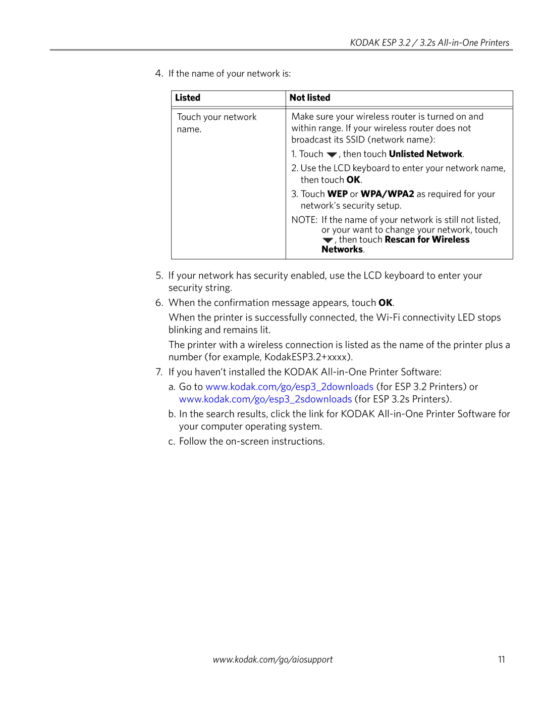 Kodak 3.2S manual Listed Not listed, Then touch Rescan for Wireless, Networks 