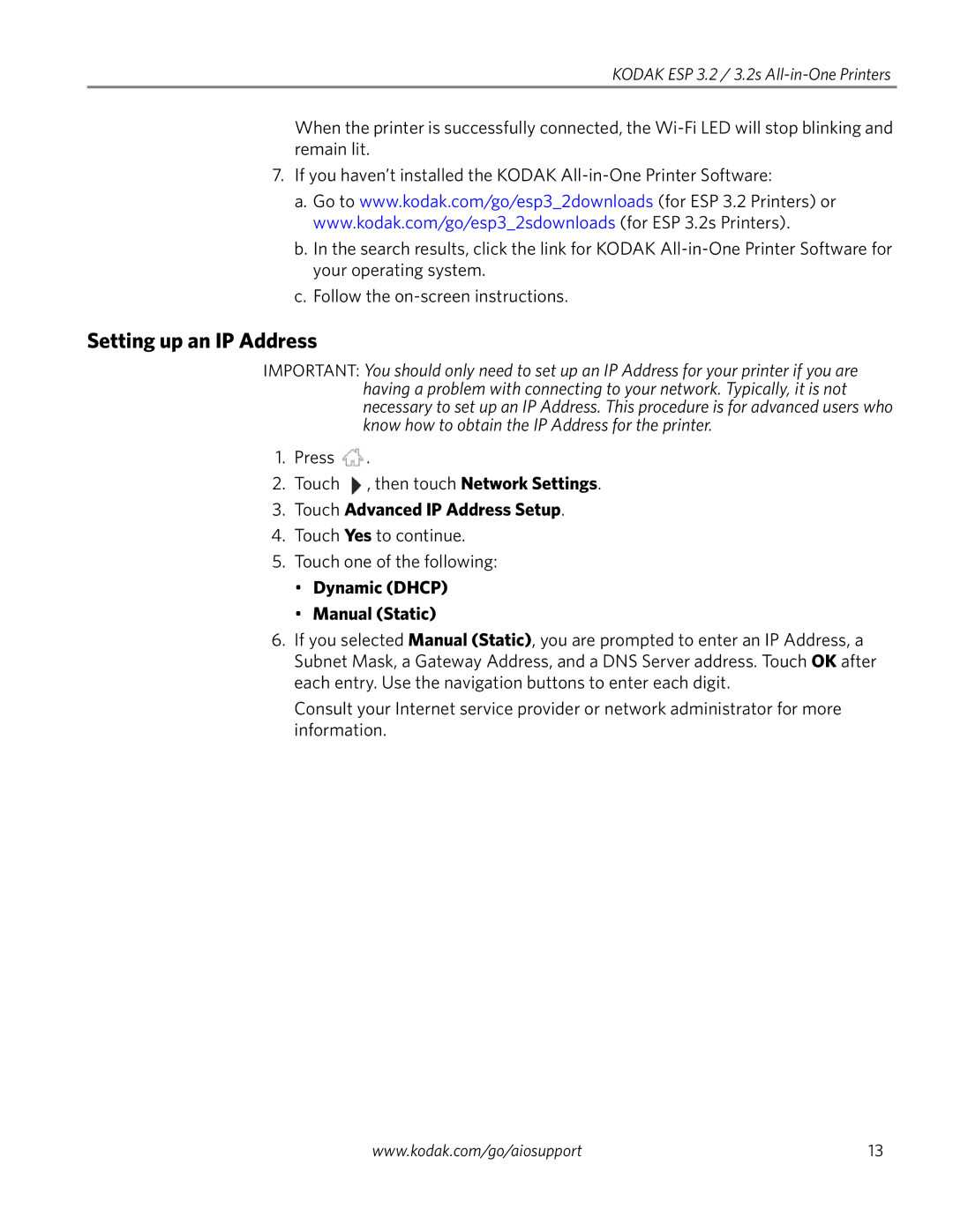 Kodak 3.2S manual Setting up an IP Address, Touch Advanced IP Address Setup, Dynamic Dhcp Manual Static 