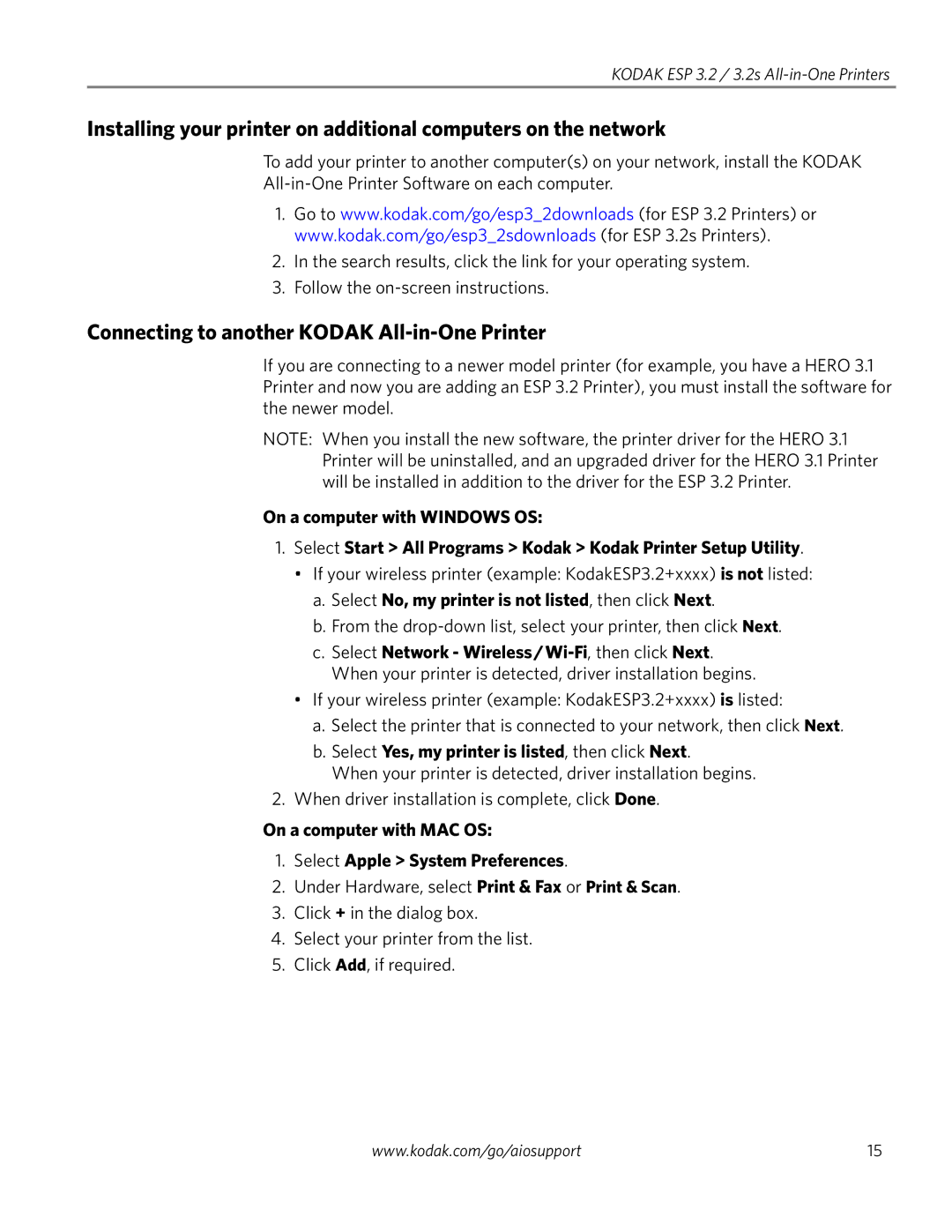 Kodak 3.2S manual Connecting to another Kodak All-in-One Printer, Select No, my printer is not listed, then click Next 