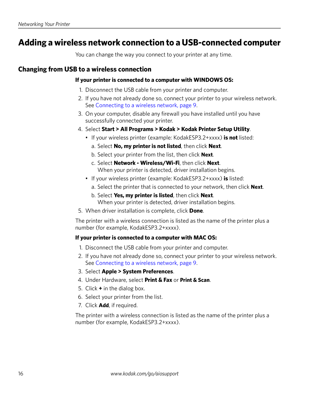 Kodak 3.2S manual Changing from USB to a wireless connection, If your printer is connected to a computer with Windows OS 