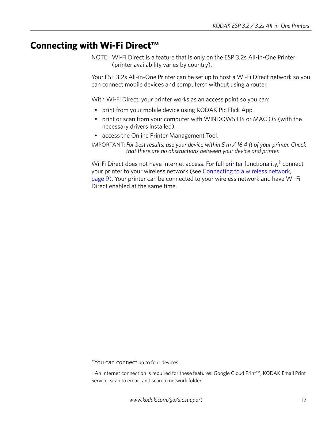 Kodak 3.2S manual Connecting with Wi-Fi Direct 