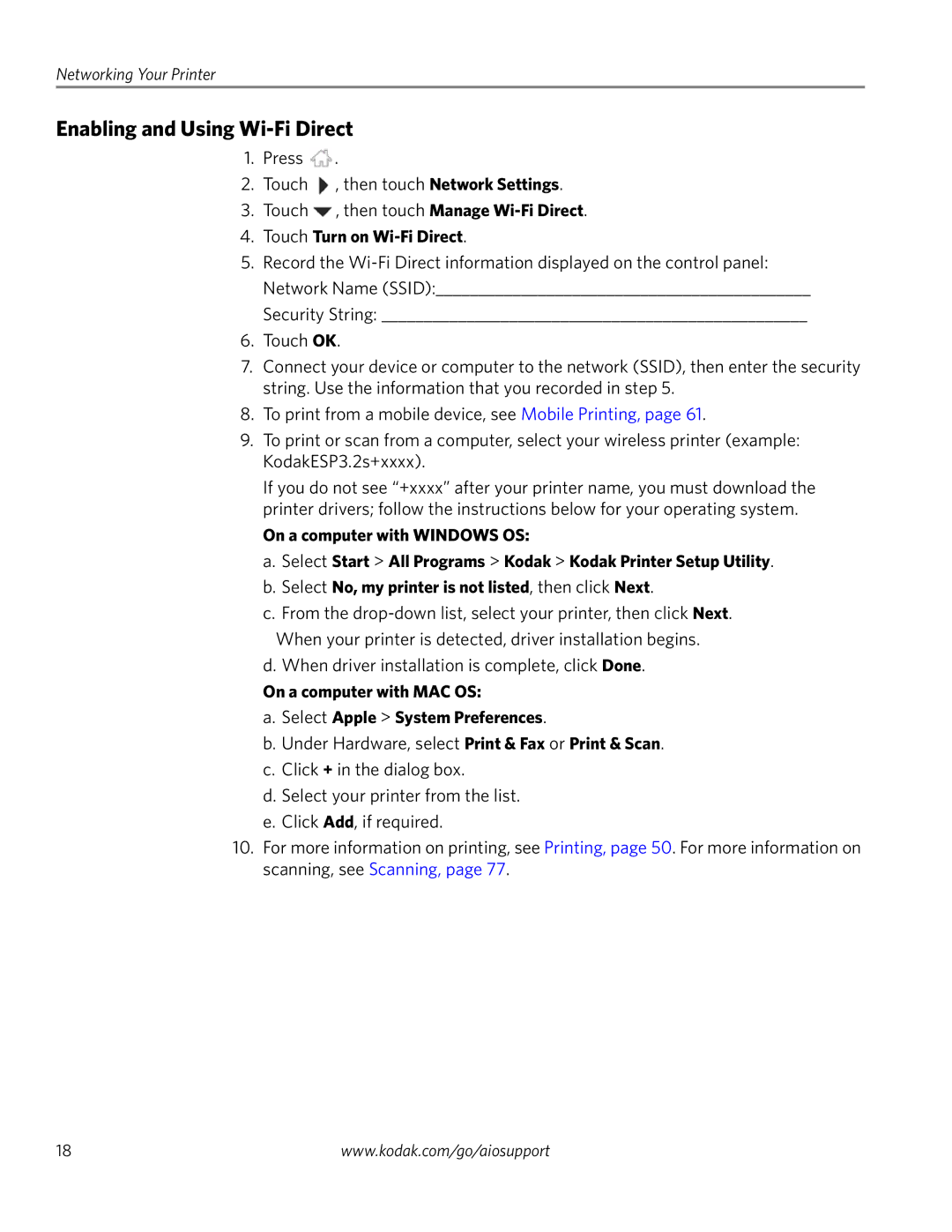 Kodak 3.2S manual Enabling and Using Wi-Fi Direct, Touch Turn on Wi-Fi Direct 