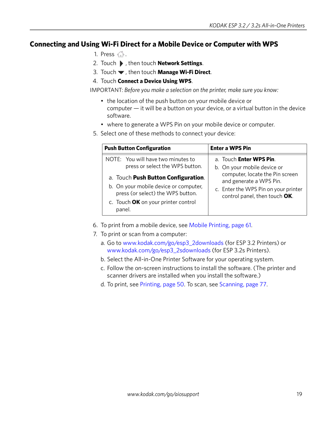 Kodak 3.2S manual Touch Connect a Device Using WPS 