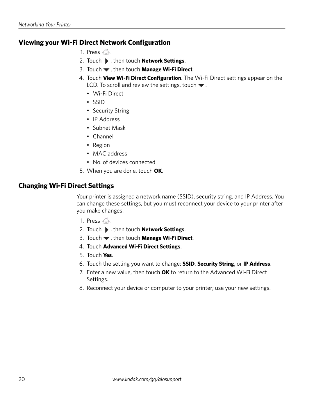 Kodak 3.2S manual Viewing your Wi-Fi Direct Network Configuration, Changing Wi-Fi Direct Settings 