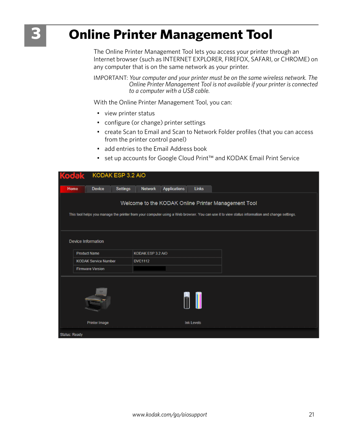 Kodak 3.2S manual Online Printer Management Tool 