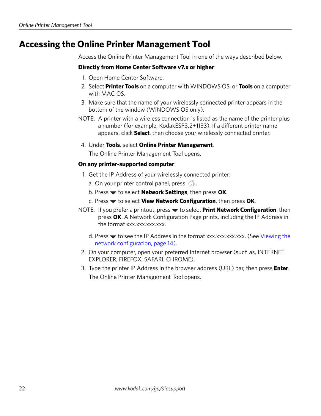 Kodak 3.2S manual Accessing the Online Printer Management Tool, Directly from Home Center Software v7.x or higher 