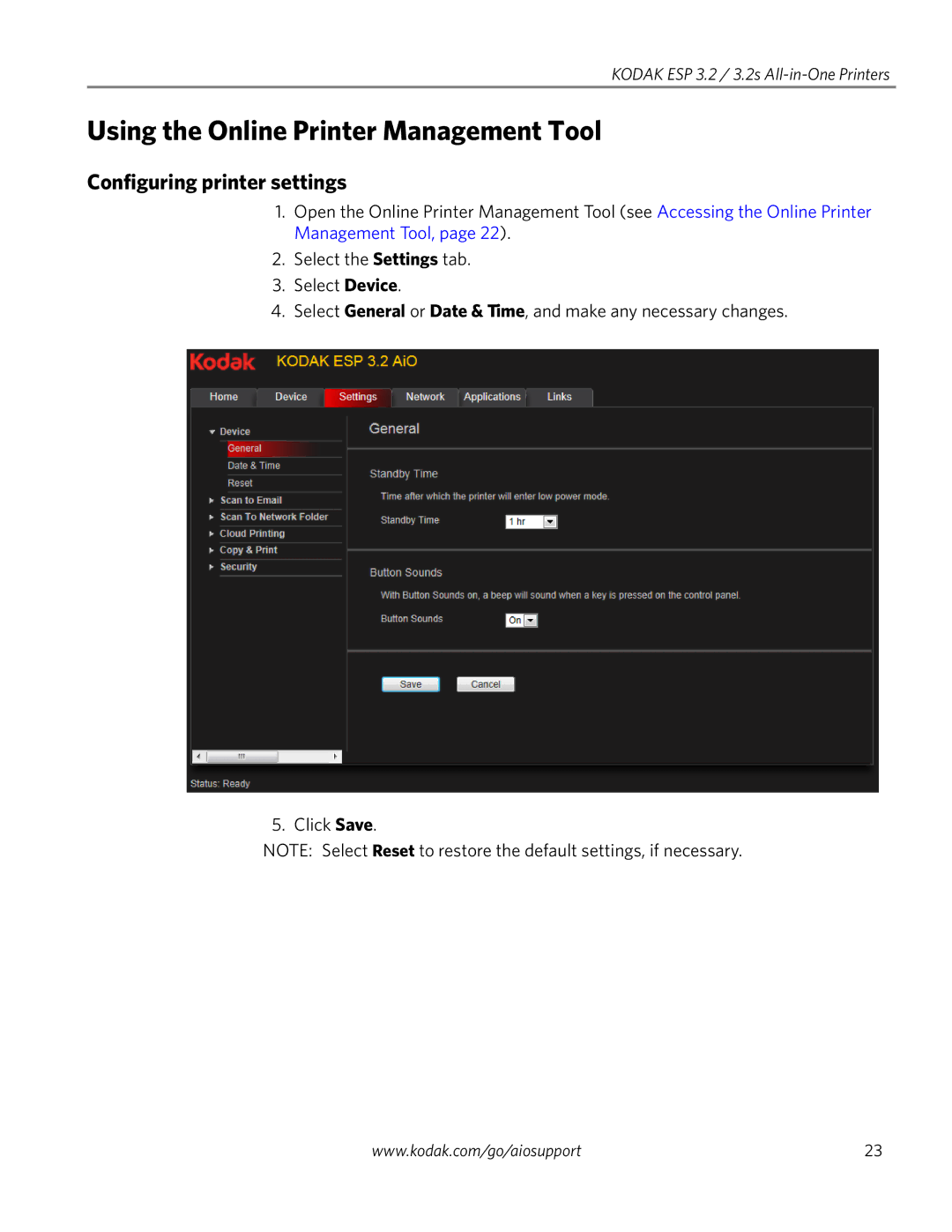 Kodak 3.2S manual Using the Online Printer Management Tool, Configuring printer settings 