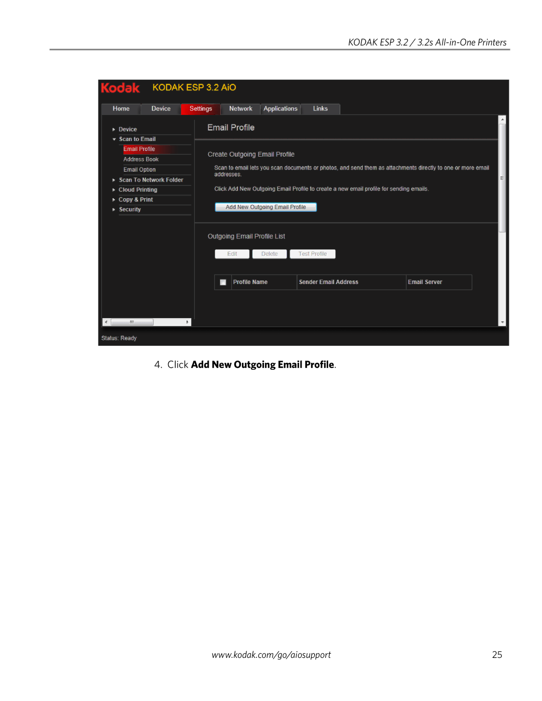 Kodak 3.2S manual Click Add New Outgoing Email Profile 