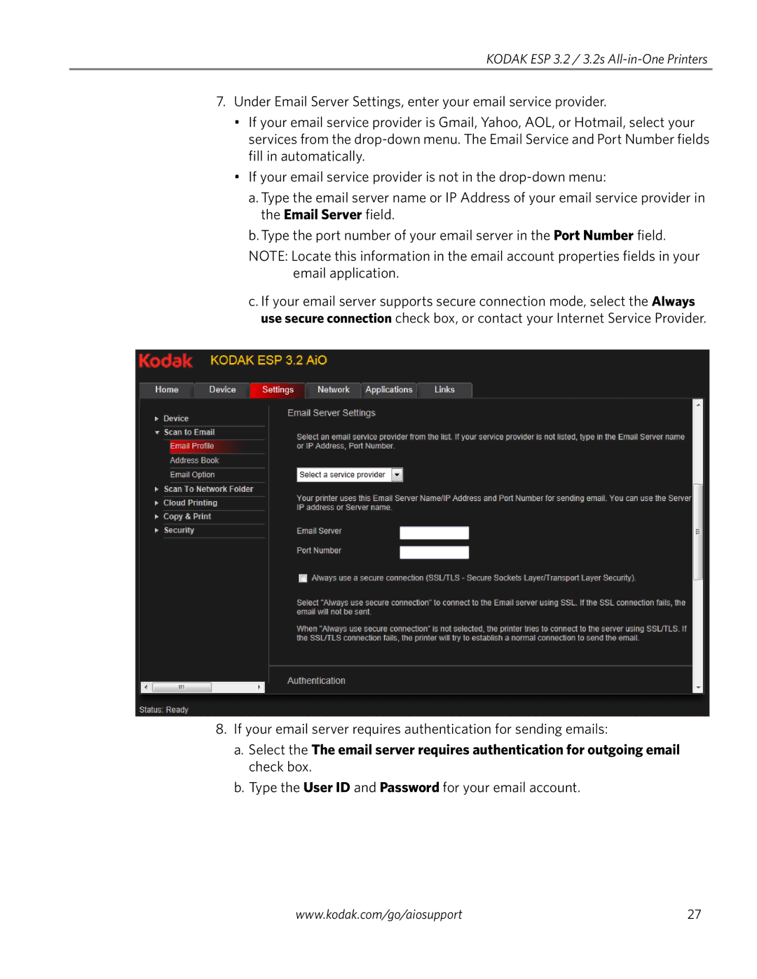 Kodak 3.2S manual Type the User ID and Password for your email account 