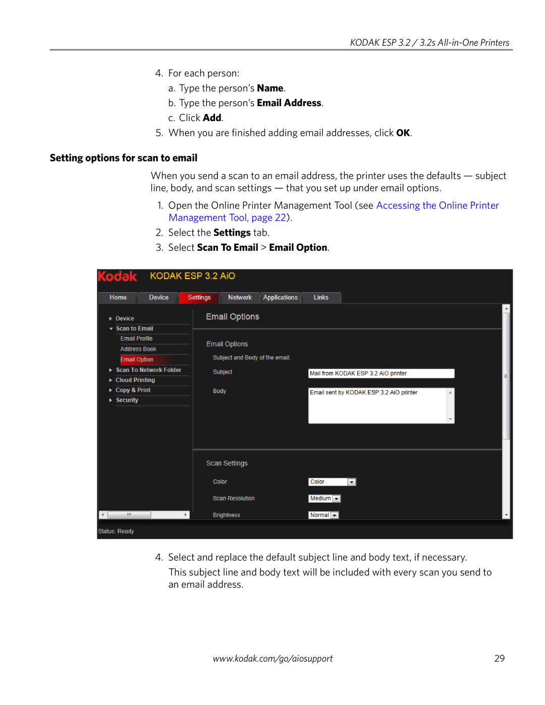 Kodak 3.2S manual Setting options for scan to email, Select Scan To Email Email Option 