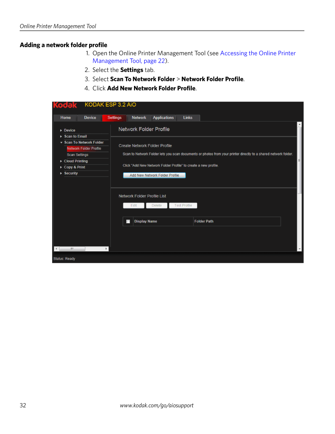 Kodak 3.2S manual Adding a network folder profile 