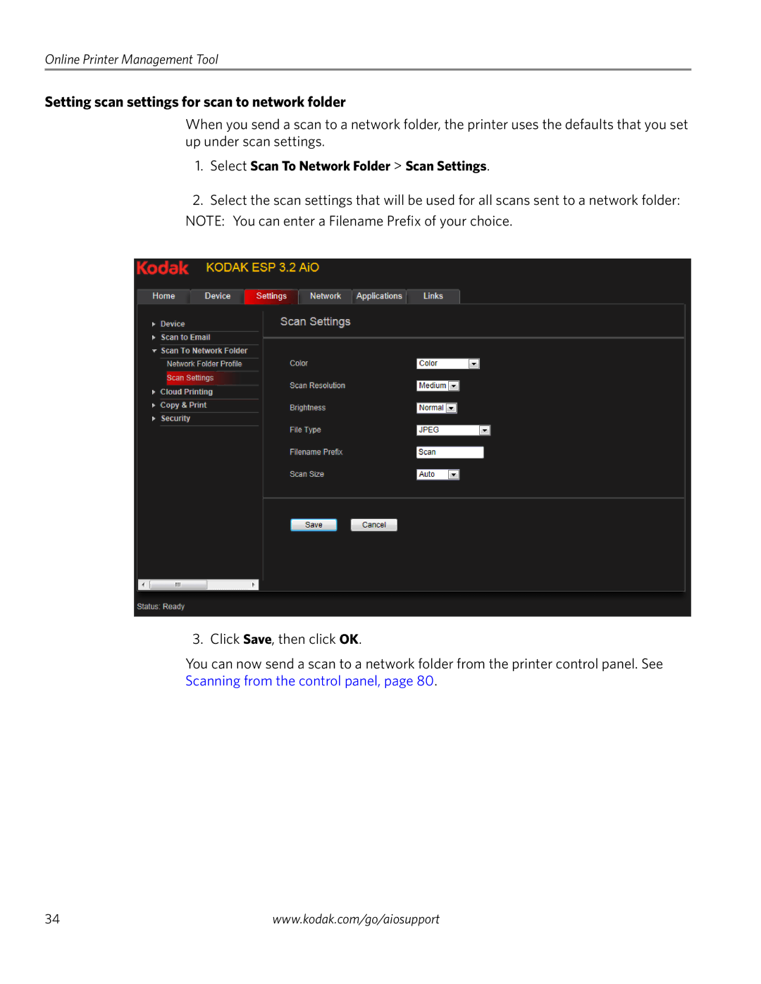 Kodak 3.2S manual Setting scan settings for scan to network folder, Select Scan To Network Folder Scan Settings 