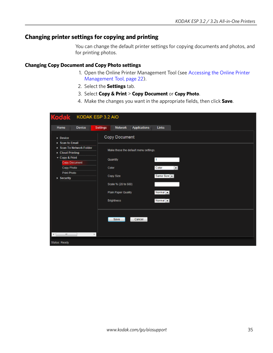 Kodak 3.2S manual Changing printer settings for copying and printing, Changing Copy Document and Copy Photo settings 