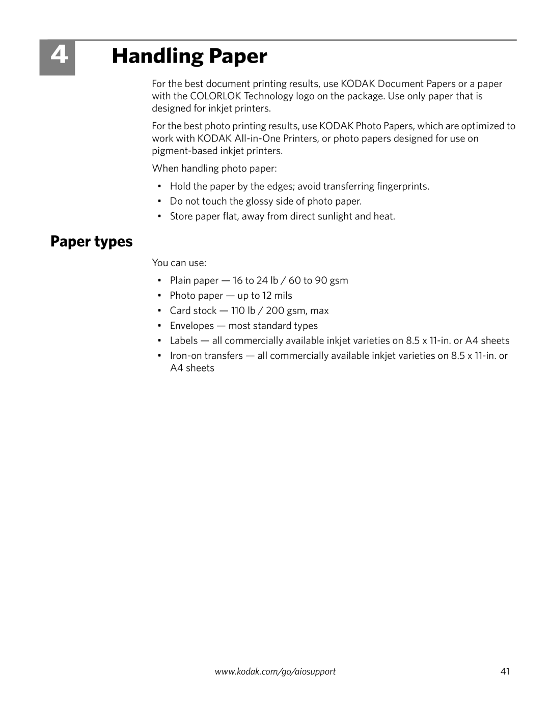 Kodak 3.2S manual Handling Paper, Paper types 